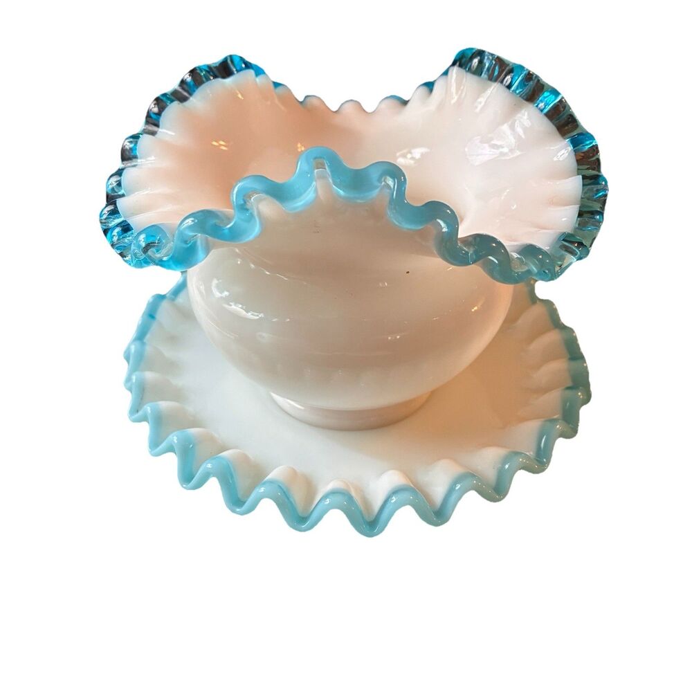 Fenton 2 Piece Vintage Aqua (Blue) Crest Milk Glass Vase W/ Saucer. Crimped Edge